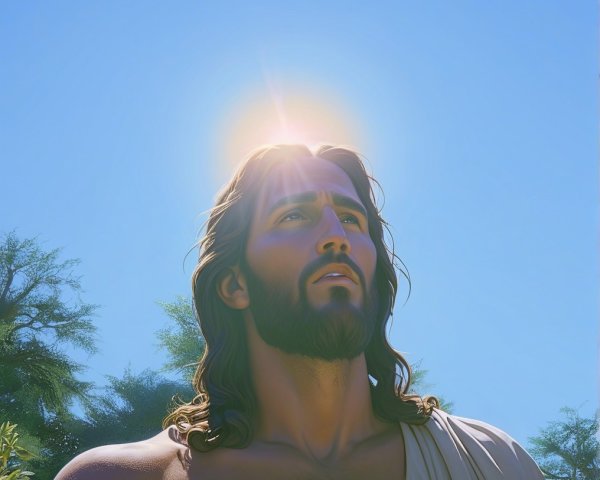 Serene figure with halo under blue sky and trees