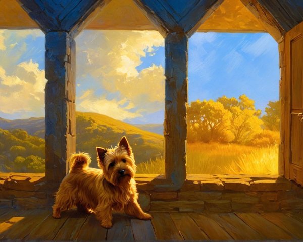 Cheerful Dog in Sunlit Stone Room with Scenic View