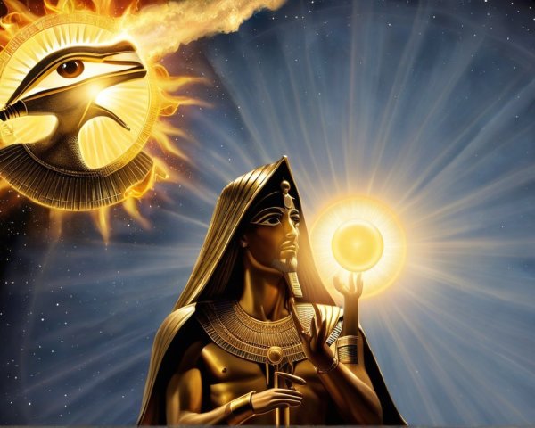 Majestic Pharaoh with Glowing Orb and Cosmic Background