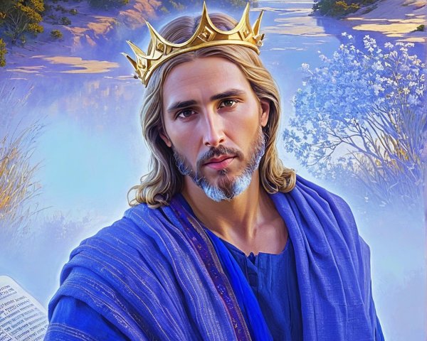 Regal figure in blue garments by a serene river