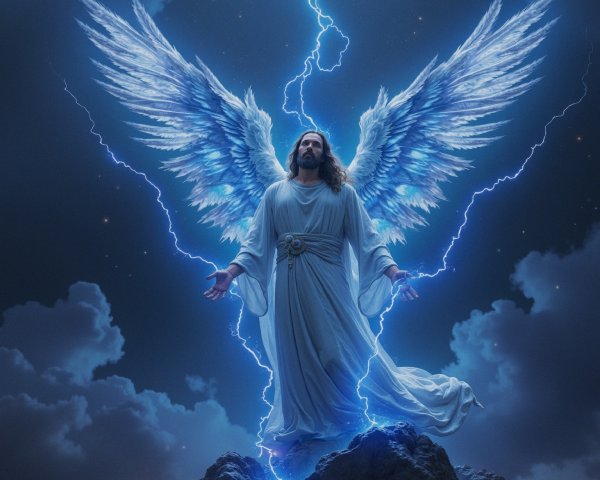 Majestic figure with luminous wings in stormy setting
