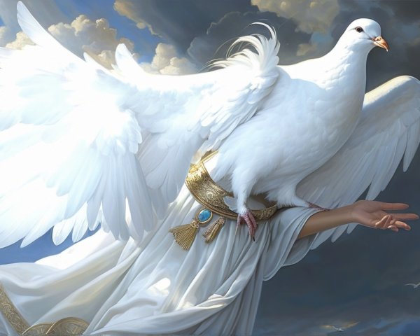 Ethereal Figure with Dove in Dramatic Sky Scene