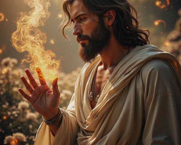 Mystical figure with glowing flames in serene landscape
