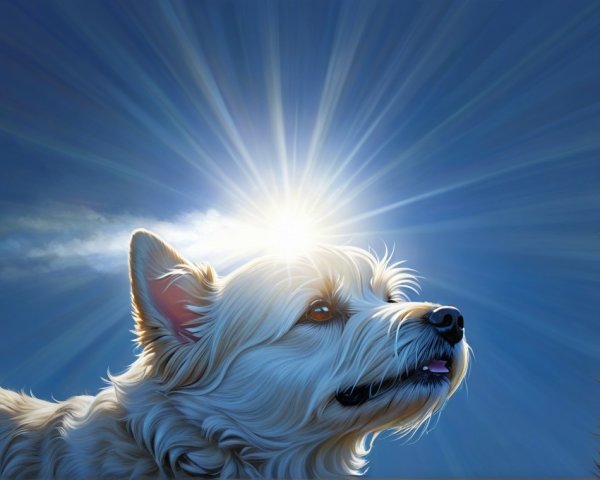 Fluffy White Dog in Soft Light Against Blue Sky