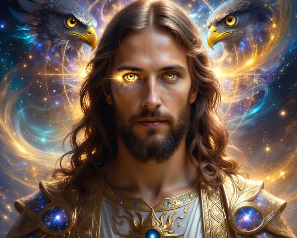 Photorealistic Cosmic Jesus with Golden Armor and Eagles