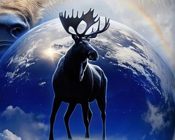 Surreal Deer and Moose in Dreamlike Landscape