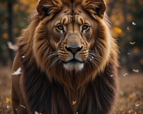 Lion in Autumn Landscape with Butterflies and Trees
