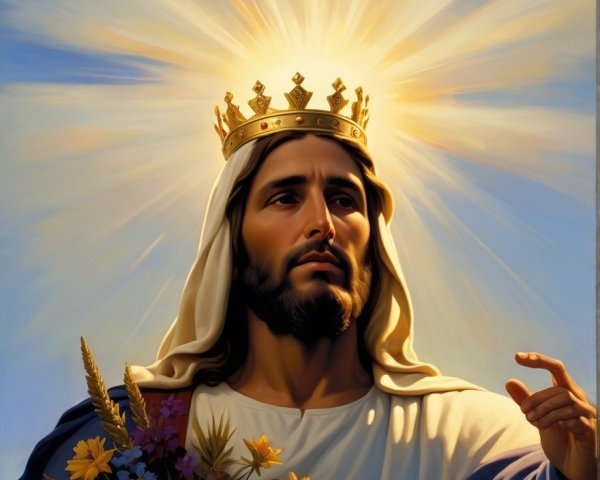 Regal Figure in Golden Crown with Colorful Flowers