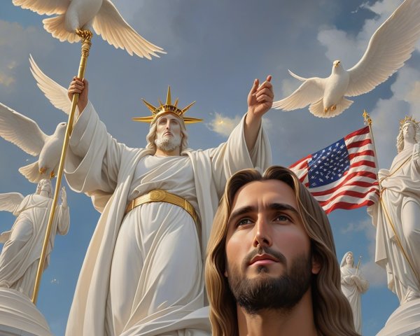 Religious Leader in White Robes with Doves and Flag