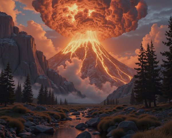 Volcano Eruption with Fiery Colors and Scenic Landscape