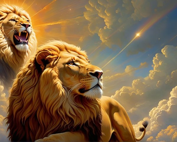 Lions in Dramatic Sky with Spiritual Silhouettes