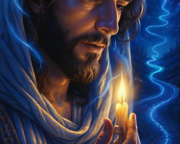 Portrait of a man in robes with a lit candle