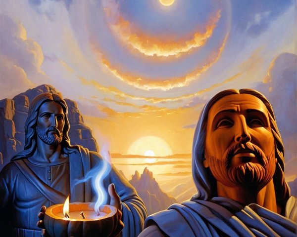 Artwork of Serene Figures Against Dramatic Sky