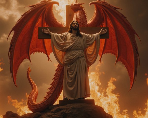 Surreal Scene of Figure on Cross Amidst Flames and Dragons