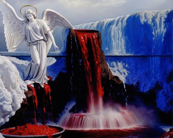 Angel by a Waterfall with Crimson Liquid Flow