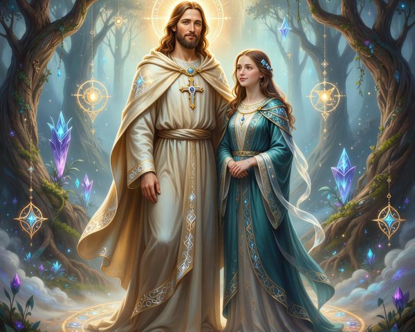 Ethereal Forest Scene with Jesus and a Young Woman