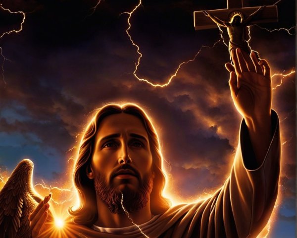 Radiant Religious Figure Surrounded by Clouds and Lightning