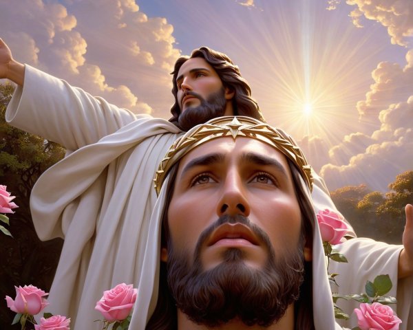 Serene figure with roses under warm sunlight and clouds