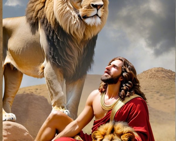 Regal Lion and Man in Majestic Desert Landscape