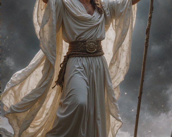 Majestic figure on stones with dramatic sky backdrop