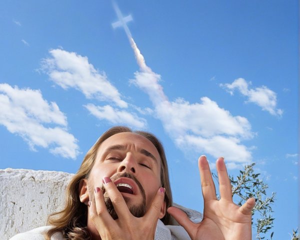 Contemplative Figure Under Ethereal Cross and Sky