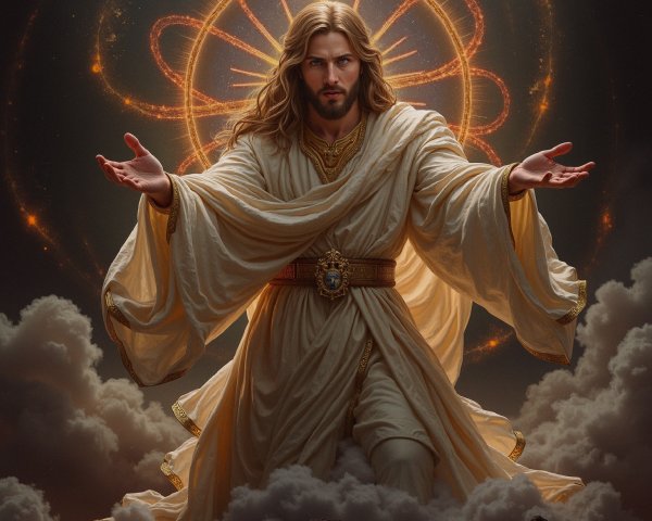 Serene figure in white robe with radiant halo in clouds