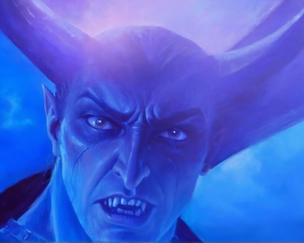 Close-up of a fierce blue-skinned horned figure