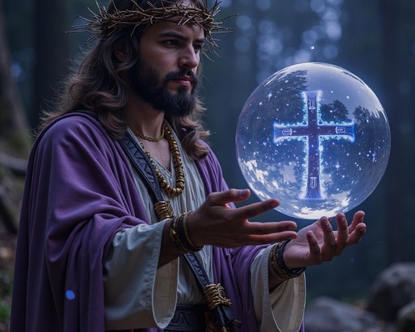 Man in Purple Robe with Crystal Ball in Misty Forest