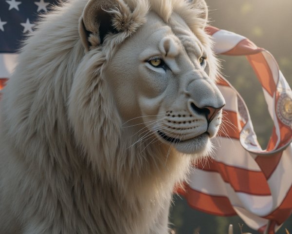 White lion with American flag at dusk setting