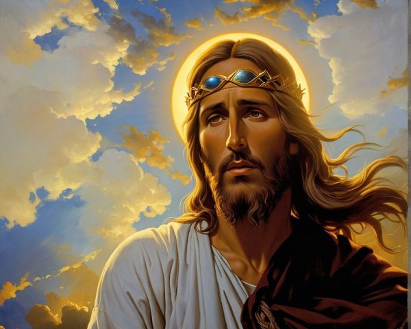 Serene figure with flowing hair and jeweled crown