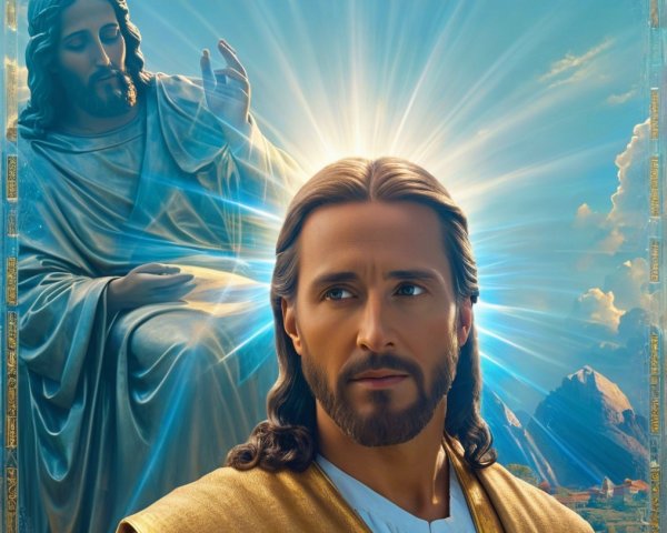 Serene figure in flowing robes with ethereal backdrop