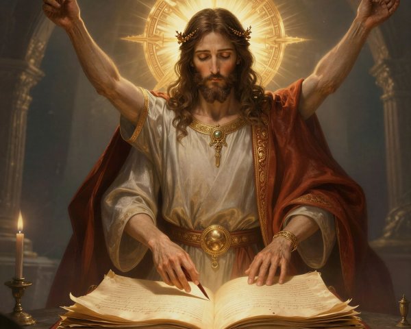 Detailed Painting of Jesus Christ with Symbolic Elements