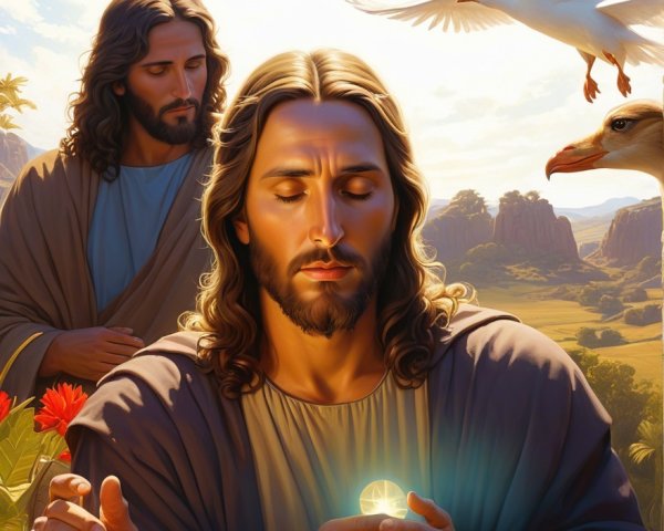 Serene Scene with Central Figure and Lush Landscapes