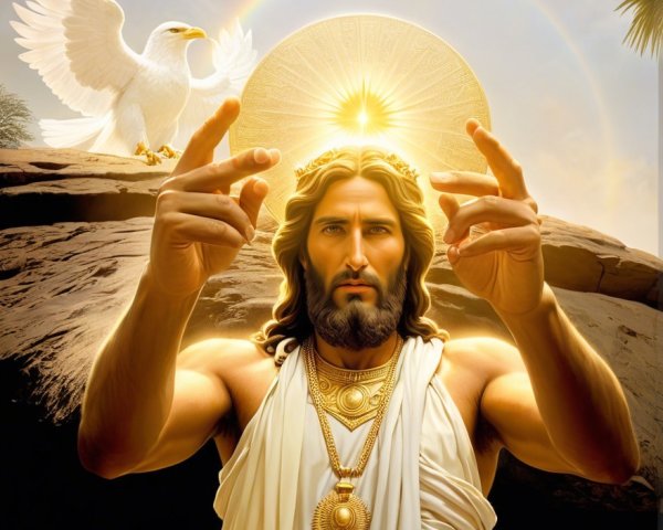 Divine figure in white robe with rainbow and dove