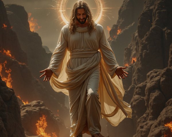 Serene Figure in Flowing Robes Amidst Dramatic Landscape