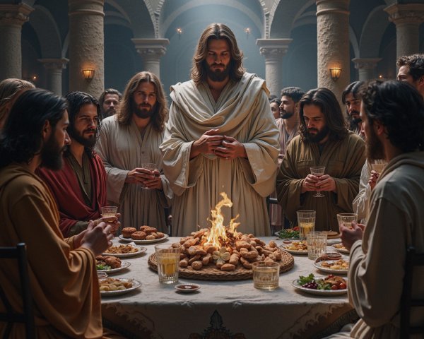 Gathering of Men in Ancient Robes Around a Feast