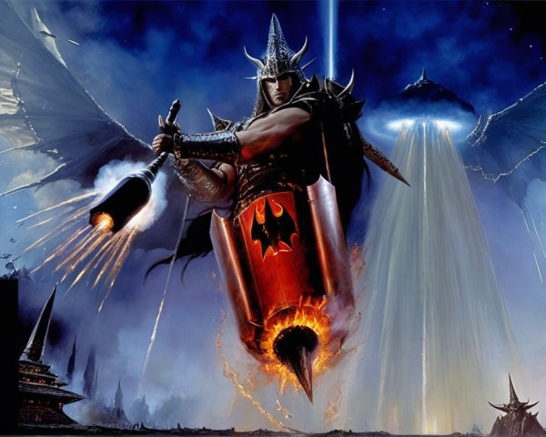 Armored Figure with Wings in Fantastical Landscape