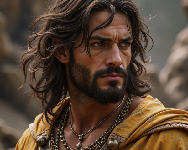 Man in Golden Garment Against Rugged Landscape