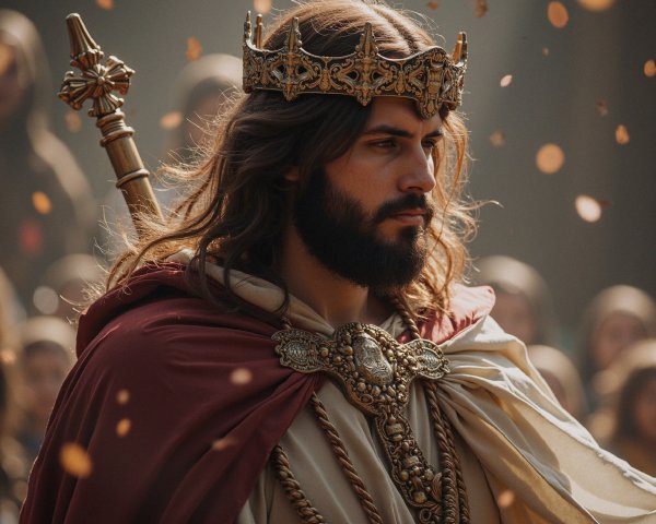 Regal Figure in Flowing Robes and Majestic Crown