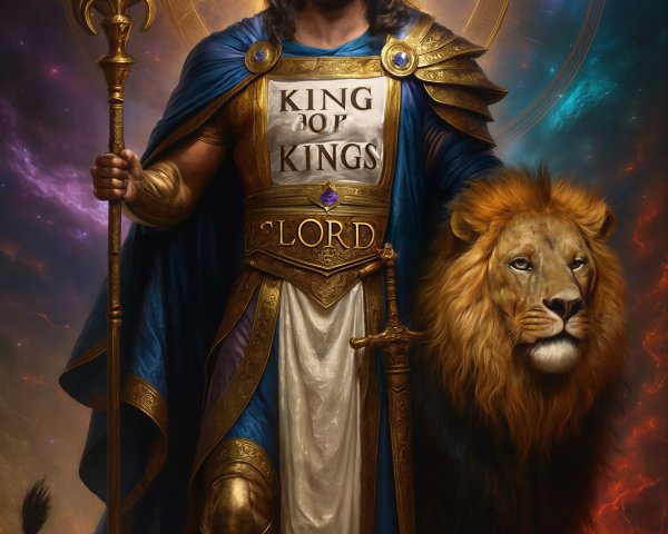 Regal Man in Robes with Lion and Staff in Scene