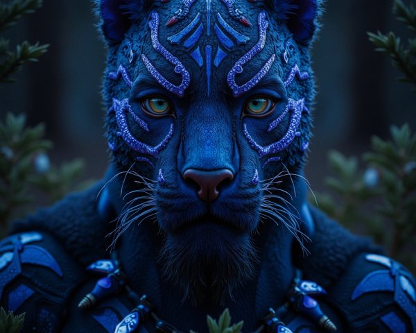 Anthropomorphic Black Panther with Tribal Markings