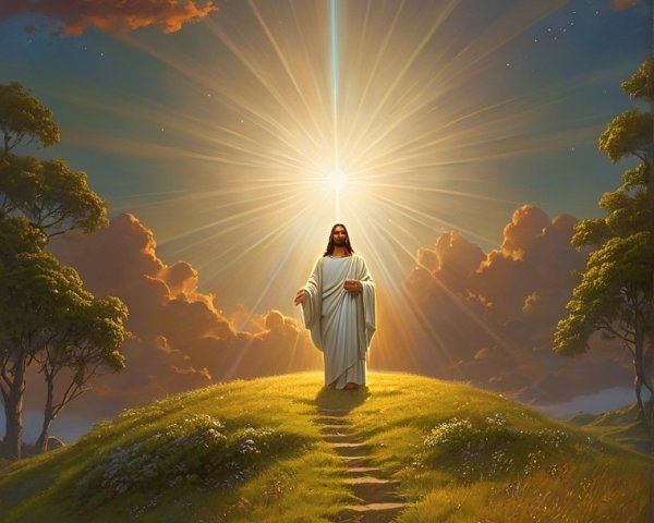 Serene landscape with sunlight and peaceful figure