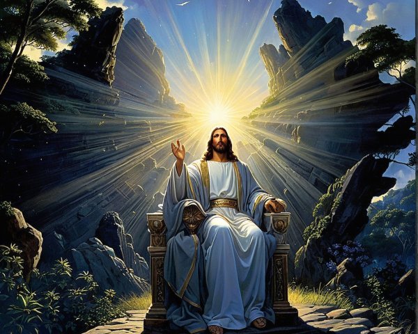 Serene Figure on Throne in Majestic Landscape