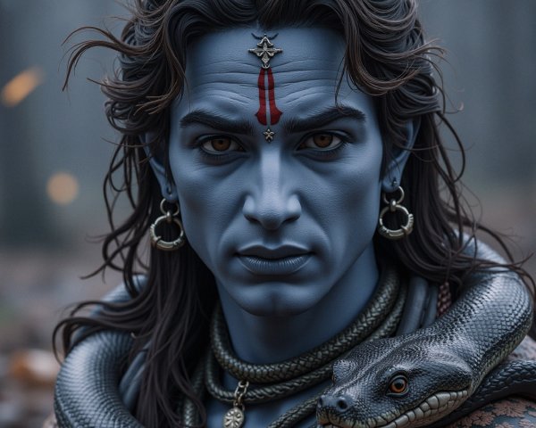 Blue-Skinned Figure in Mystical Forest Portrait