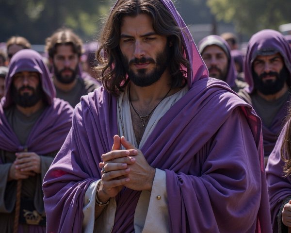 Men in Purple Robes Gather in Sunlit Outdoor Setting