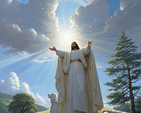 Majestic figure in white robes on rocky base with light