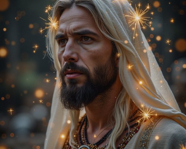 Mystical Man with Blonde Hair in Enchanting Setting