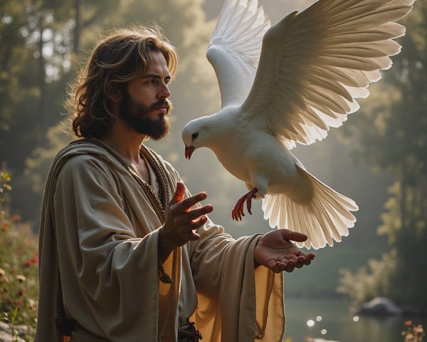 Man with flowing hair in serene natural setting