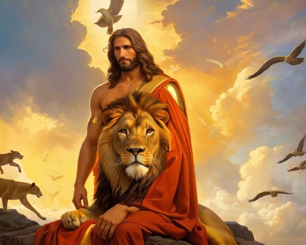 Majestic Figure with Lion Against Radiant Sky