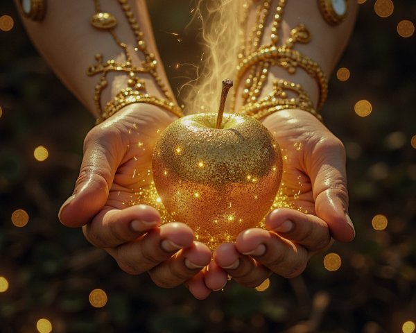 Golden Apple Cradled by Adorned Hands in Bokeh Light